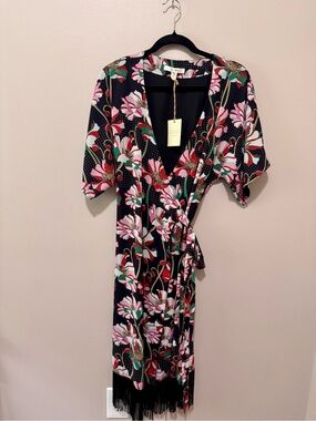 Floral Black Wrap Midi Dress with Fringe